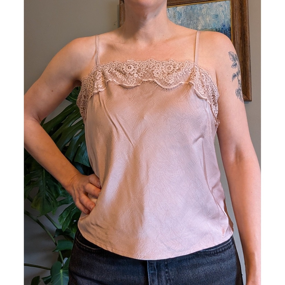 Women's A New Day Blush Pink Satin Camisole Lace Trim L Coquette Lingerie Sexy